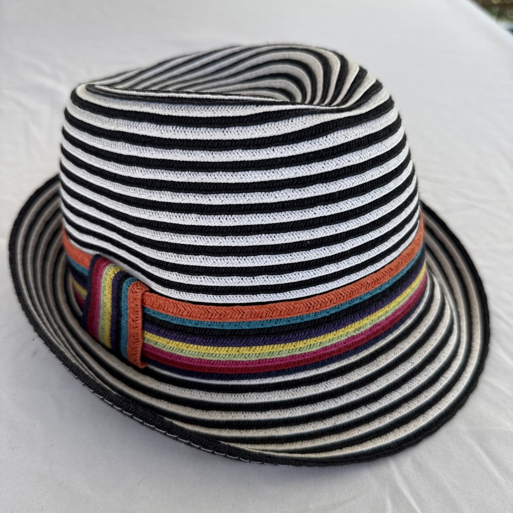 Striped Elegance Fashion Hat with Rainbow Band